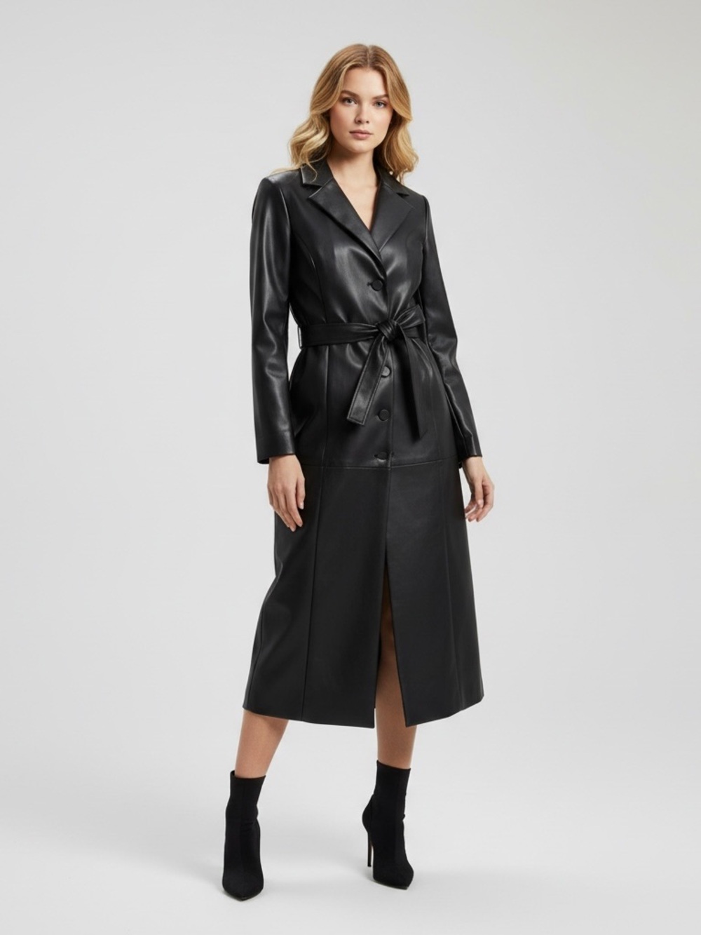 Joe's Jeans Black Faux-Leather Tie-Waist Trench Coat